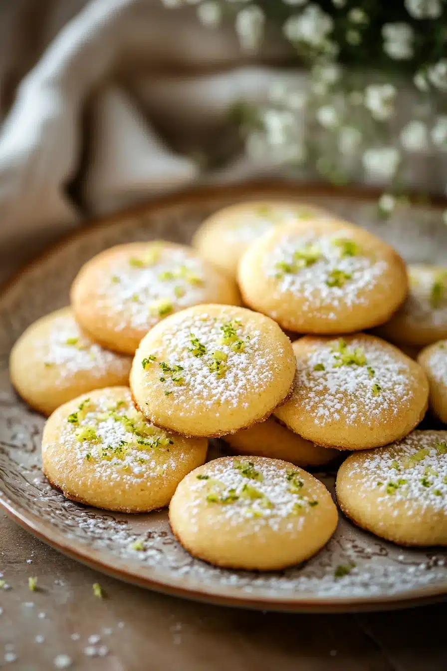 Close-up of key lime shortbread cookies on a white plate with a clean background.