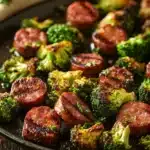 Close-up of kielbasa broccoli sheet pan dinner with vibrant vegetables and sausage