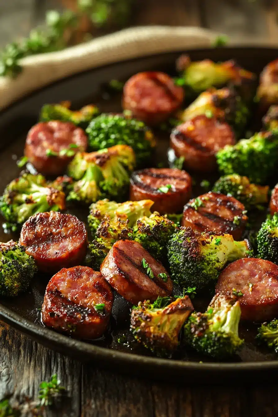 Close-up of kielbasa broccoli sheet pan dinner with vibrant vegetables and sausage
