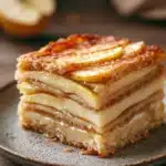 Close-up of a layered protein apple cake with visible textures and bright lighting