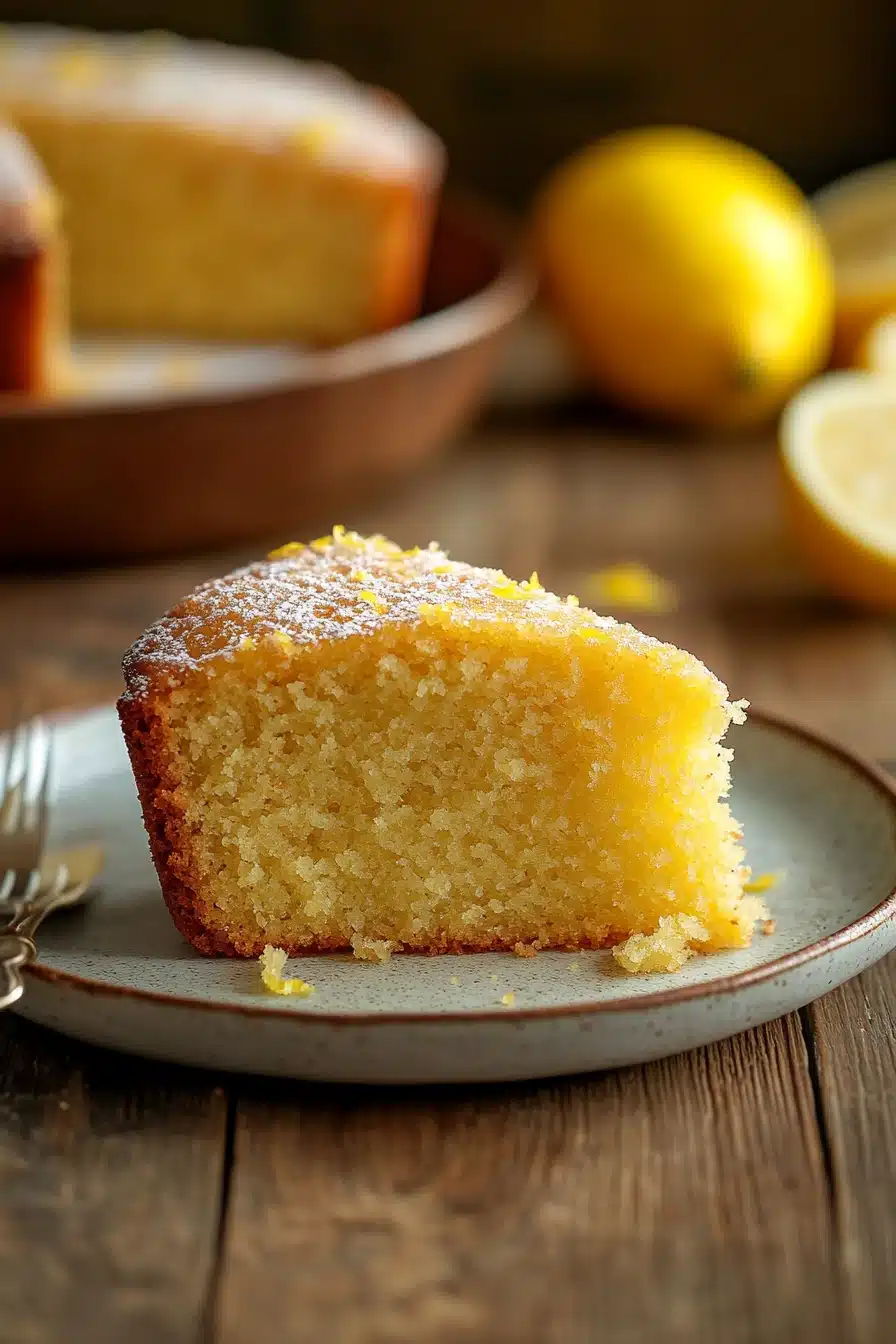 Close-up of a lemon cake with bright yellow frosting and lemon slices on top.