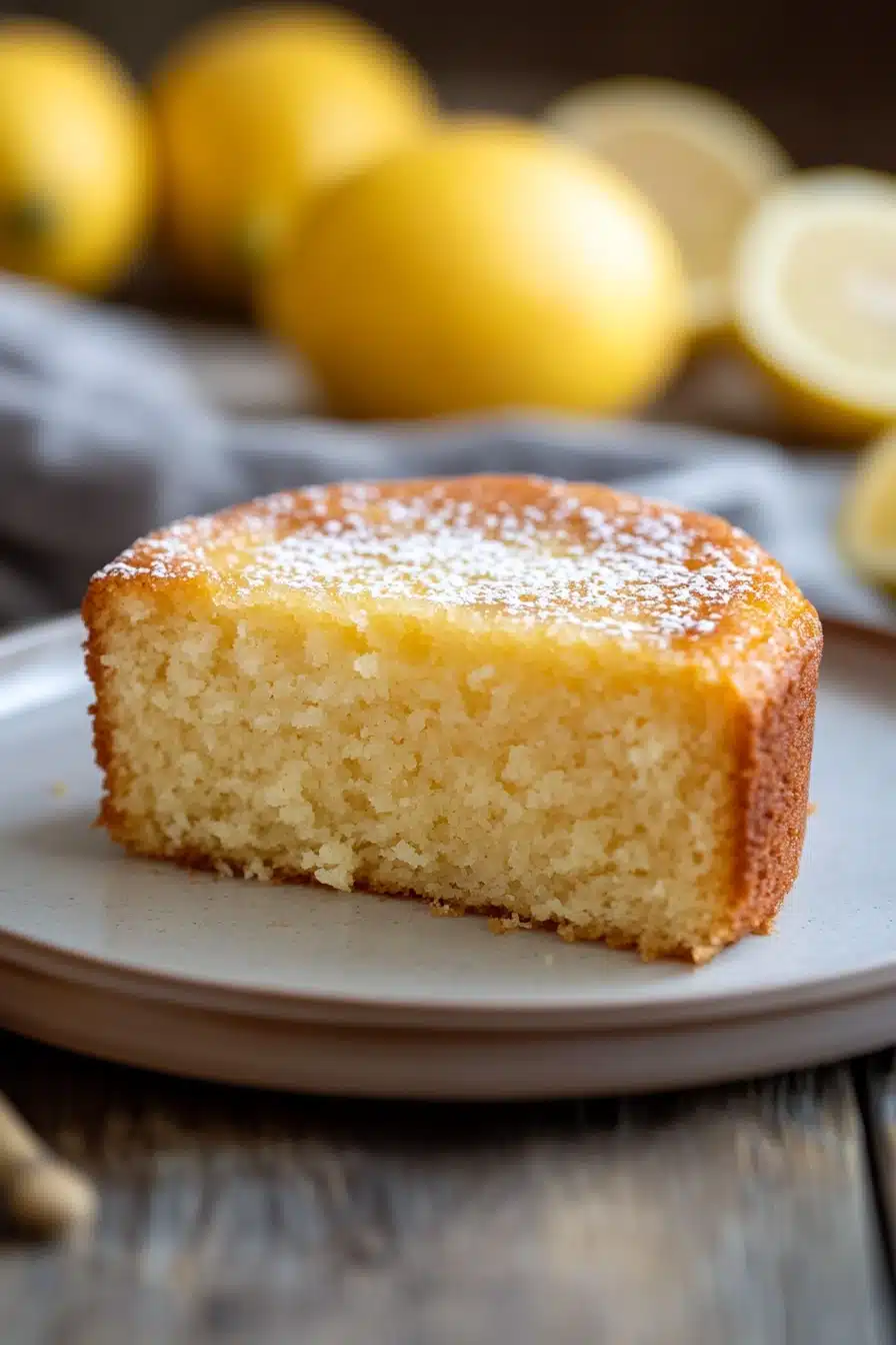 Close-up of a lemon cake without frosting on a white plate, showcasing its texture and color.