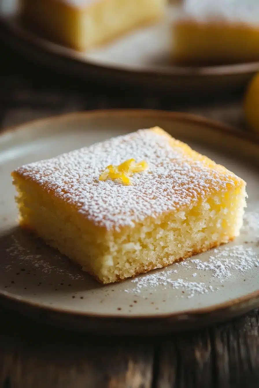 Close-up of lemon cake squares with a bright, clean background.