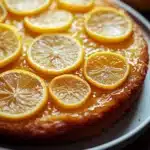 Close-up of a lemon cake upside down with a golden crust and fresh lemon slices on top.