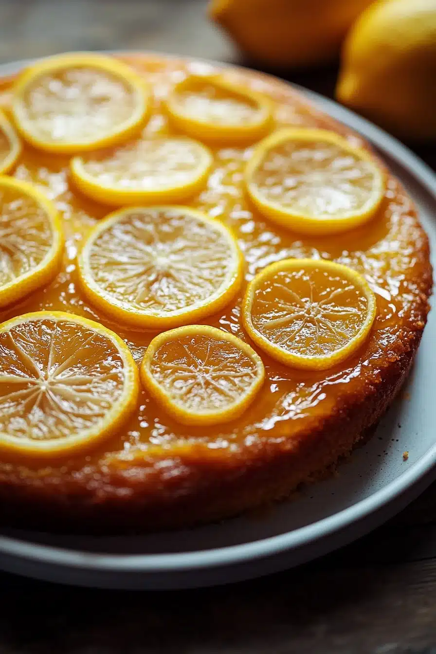 Close-up of a lemon cake upside down with a golden crust and fresh lemon slices on top.