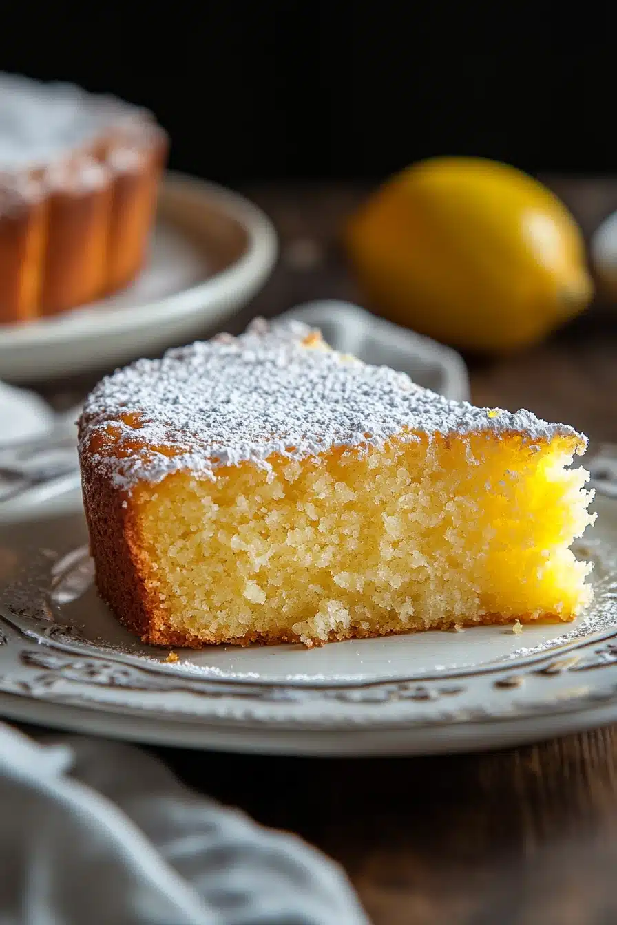 Close-up of a lemon cake with Italian ingredients, showcasing a bright and appetizing presentation.