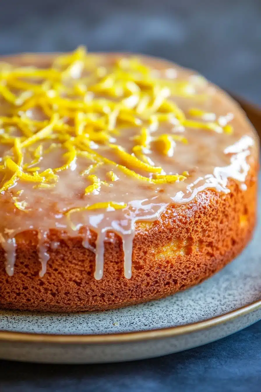 Close-up of a lemon cake with a slice cut out, showcasing its moist texture and bright yellow color.