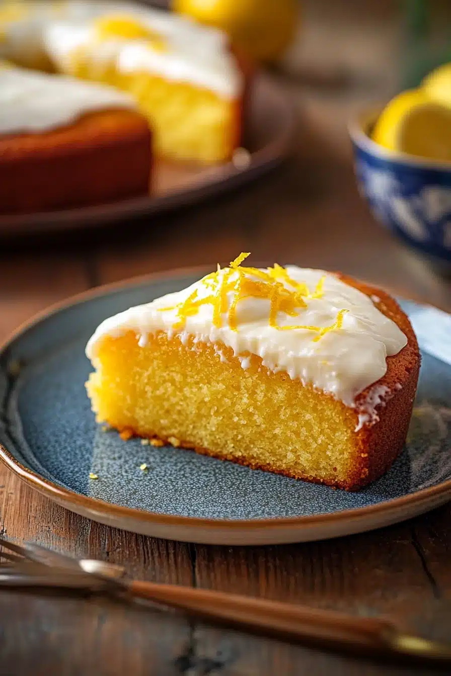 Close-up of a lemon cake with lemon yogurt, showcasing its texture and bright presentation.