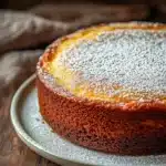 Close-up of a lemon cake with yogurt topping, showcasing its texture and bright color.