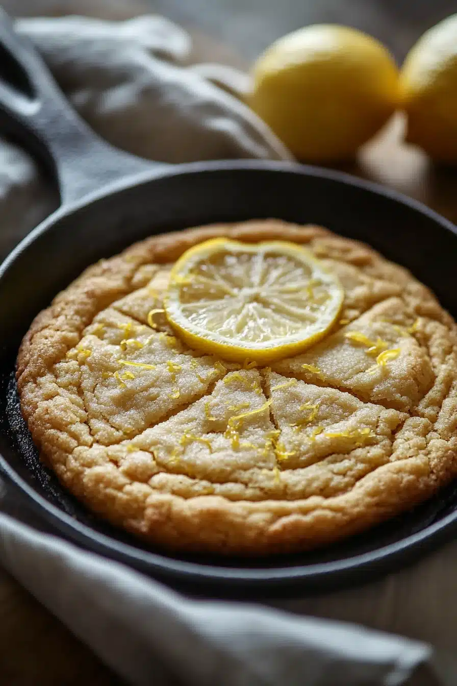 Close-up of a lemon cookie skillet with golden brown edges and a soft center.
