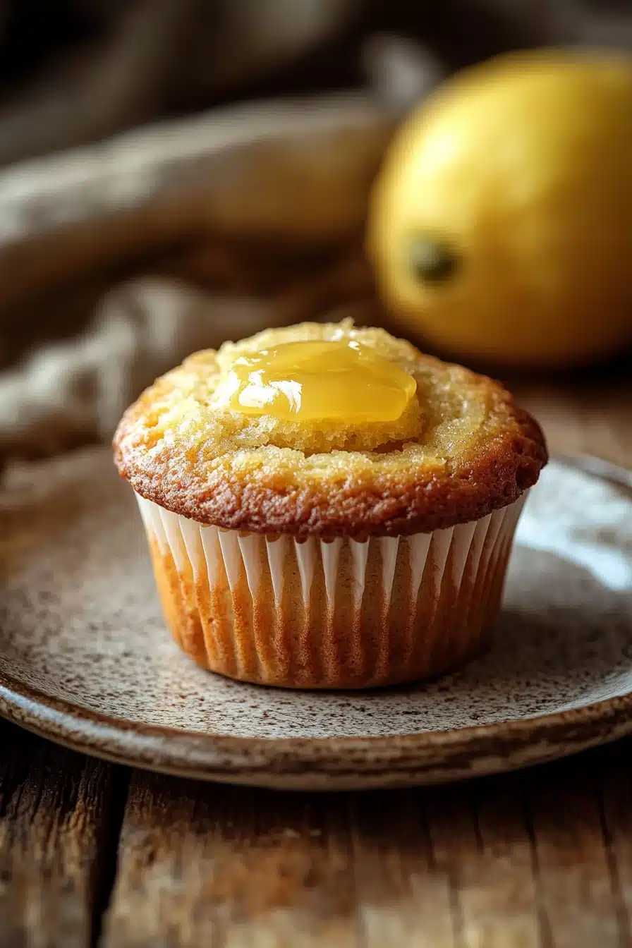 Close-up of a lemon muffin topped with lemon curd, set against a minimal background.