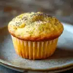 Close-up of a lemon poppyseed muffin with visible lemon zest and poppy seeds on a clean background.