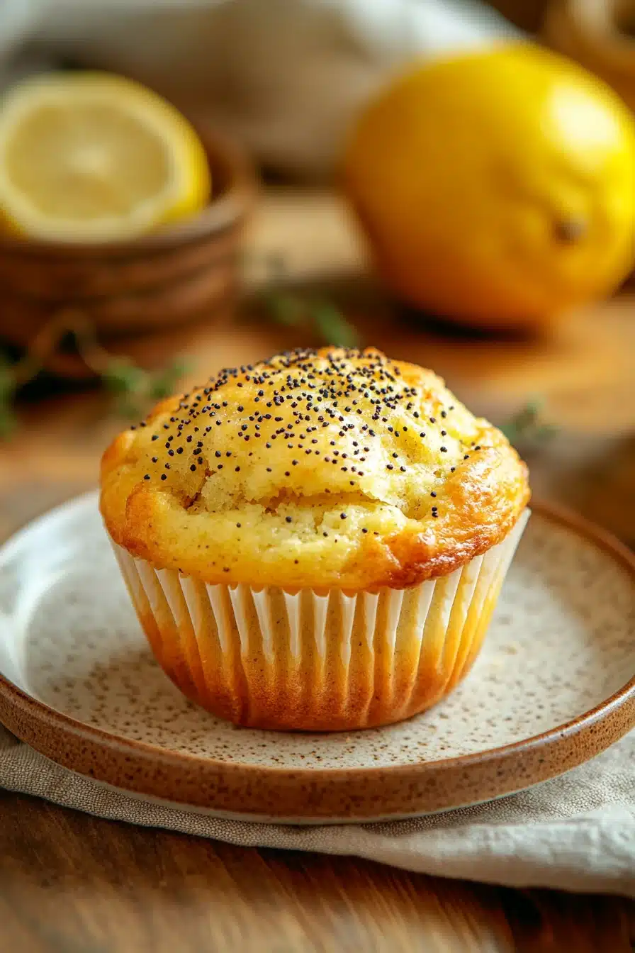 Close-up of lemon poppyseed muffin sourdough with a golden crust and poppy seeds.