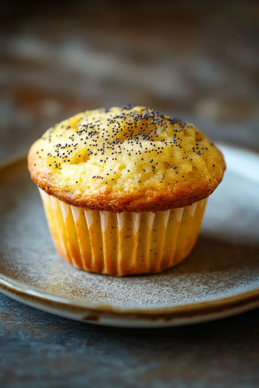 Close-up of a lemon poppyseed muffin with visible lemon zest and poppy seeds on a clean background.
