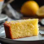Close-up of a lemon zest cake slice with bright lighting and a clean background