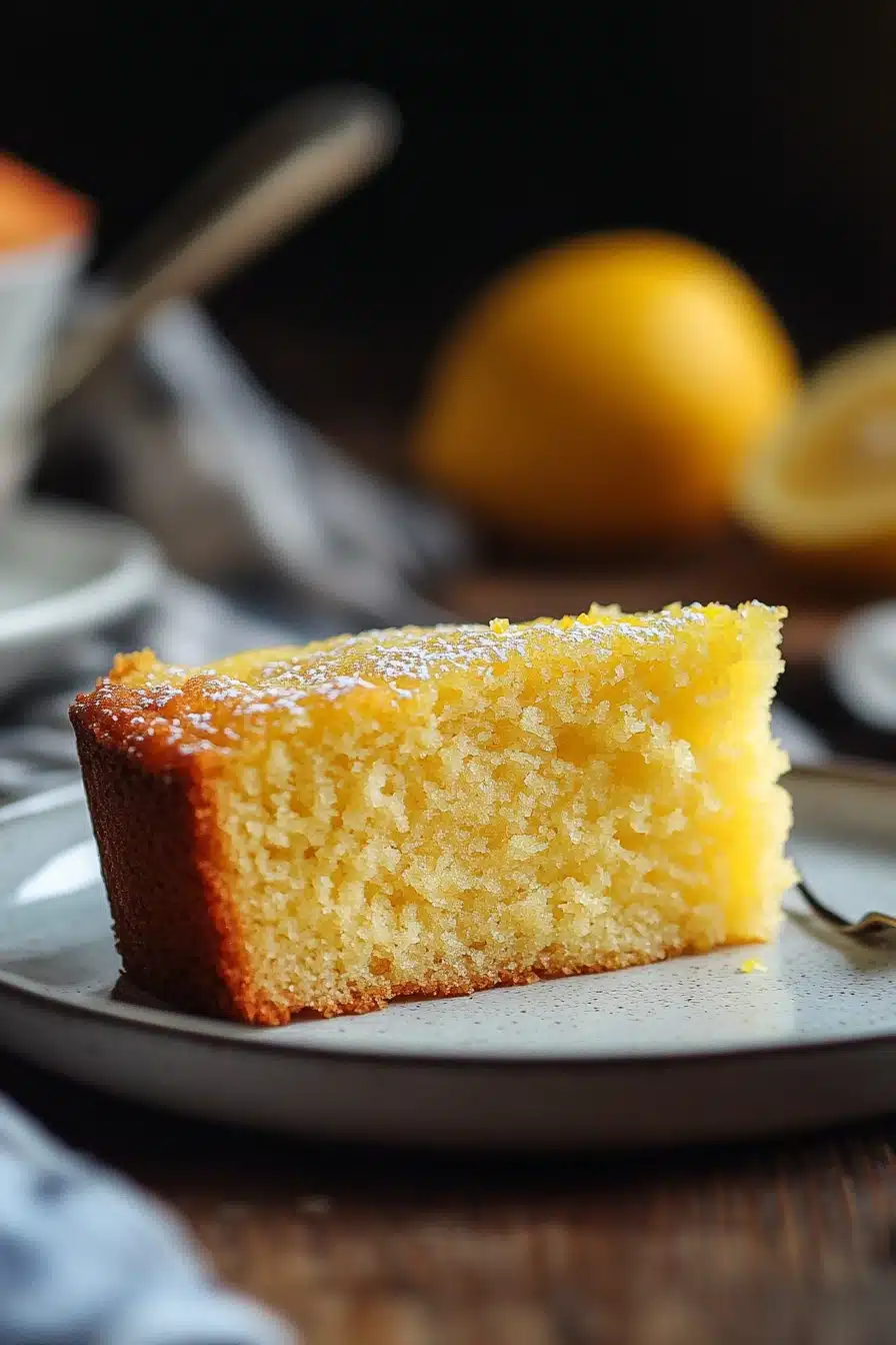 Close-up of a lemon zest cake slice with bright lighting and a clean background