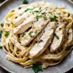 Close-up of creamy low calorie chicken alfredo with pasta and herbs