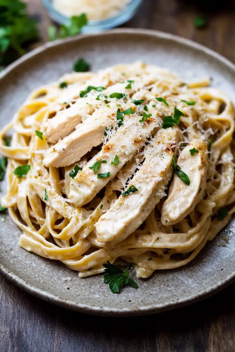 Close-up of creamy low calorie chicken alfredo with pasta and herbs