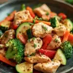 Close-up of a low calorie chicken and vegetables dish with bright, natural lighting.