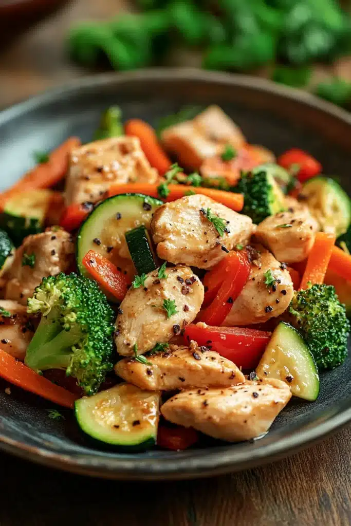 Close-up of a low calorie chicken and vegetables dish with bright, natural lighting.