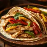 Close-up of colorful low calorie chicken fajitas with peppers and onions on a plate.