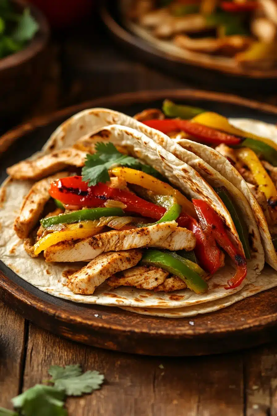 Close-up of colorful low calorie chicken fajitas with peppers and onions on a plate.