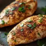 Close-up of a grilled chicken fillet with herbs on a white plate