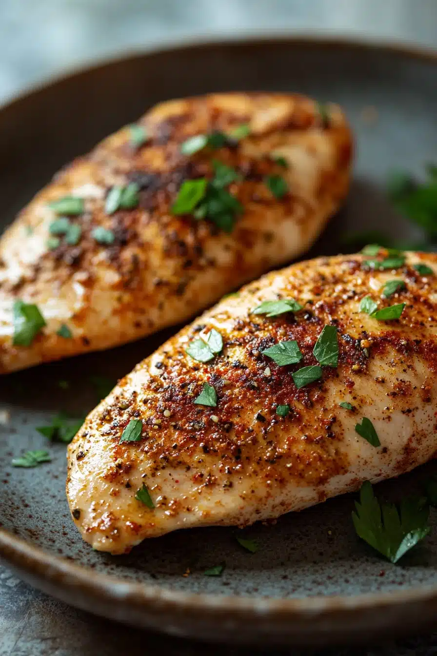 Close-up of a grilled chicken fillet with herbs on a white plate