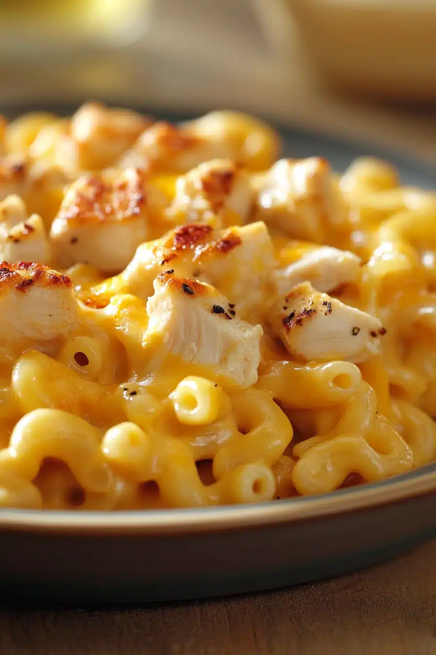 Close-up of creamy low calorie chicken mac and cheese in a white bowl with a sprinkle of herbs