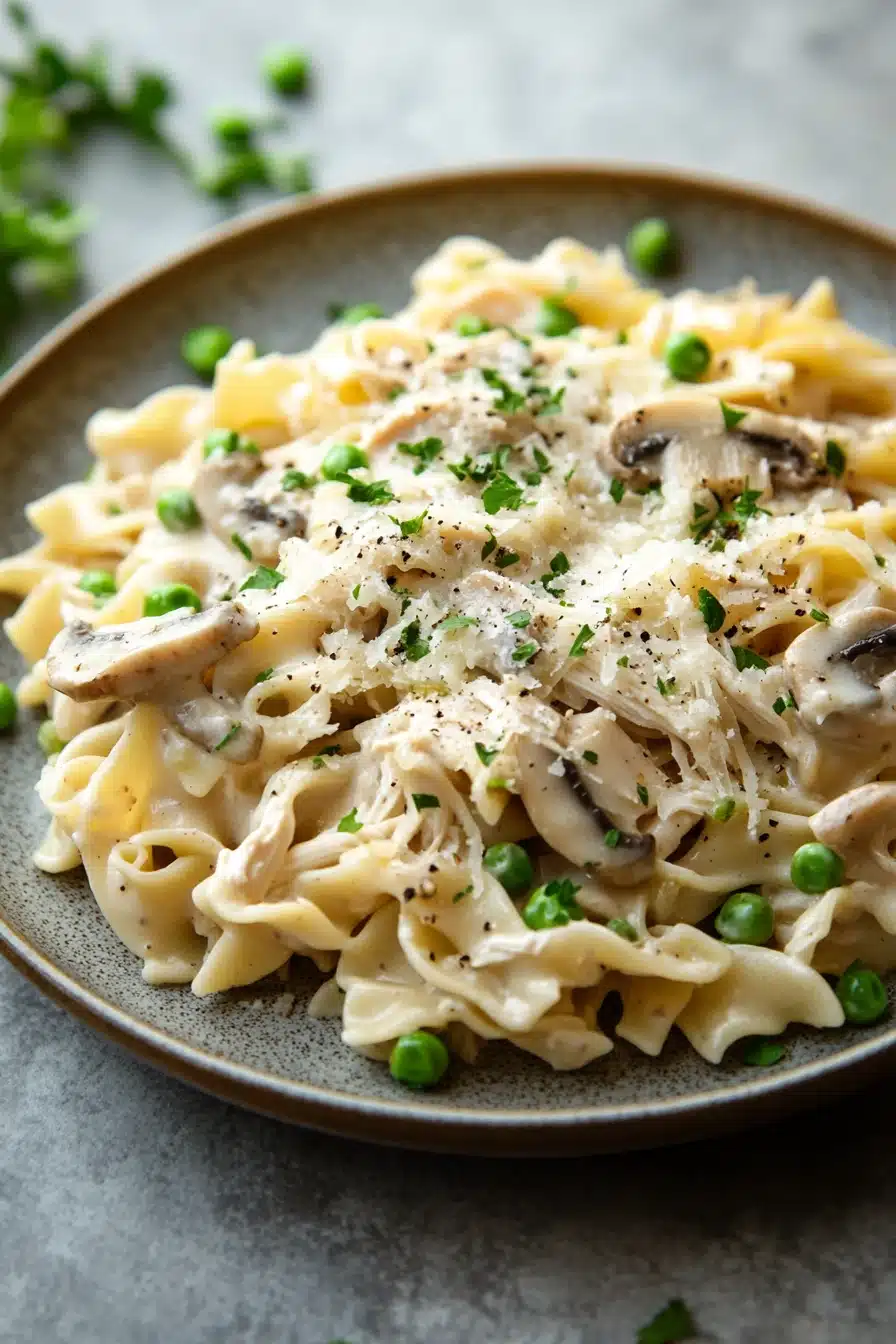 Close-up of a low calorie chicken noodle casserole with creamy sauce and herbs.