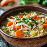 Close-up of low calorie chicken noodle soup with noodles, chicken pieces, and vegetables in a clear broth.