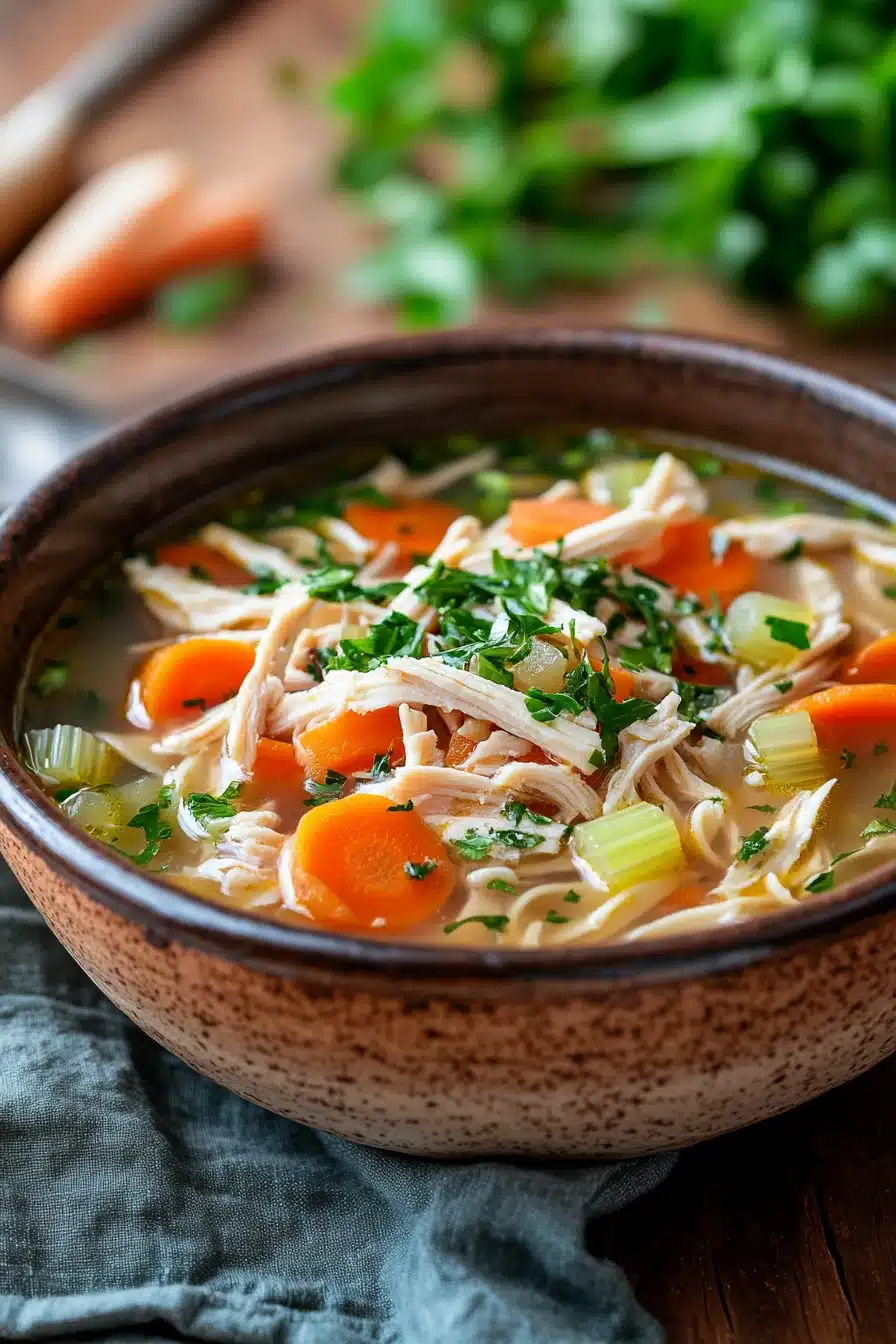 Close-up of low calorie chicken noodle soup with noodles, chicken pieces, and vegetables in a clear broth.