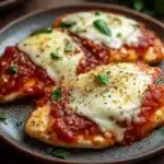 Close-up of low calorie chicken parm with melted cheese and tomato sauce on a white plate.