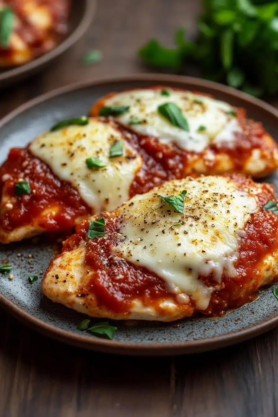 Close-up of low calorie chicken parm with melted cheese and tomato sauce on a white plate.