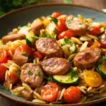 Close-up of low calorie chicken sausage orzo with herbs in a white bowl
