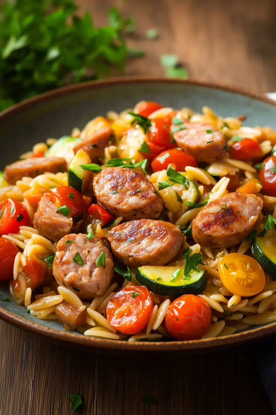 Close-up of low calorie chicken sausage orzo with herbs in a white bowl