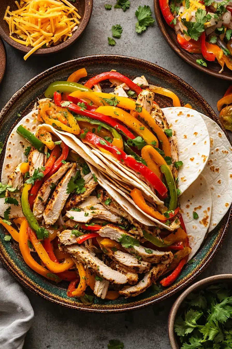 Close-up of make ahead chicken fajitas for a crowd with colorful peppers and onions.