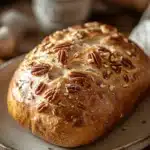 Close-up of maple pecan no knead bread with a golden crust and pecans on top