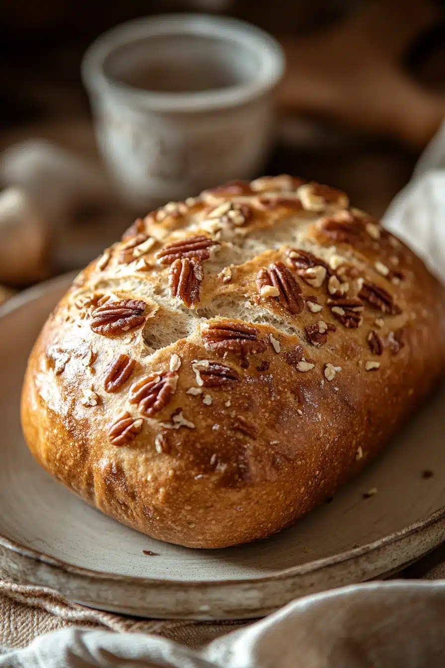 Close-up of maple pecan no knead bread with a golden crust and pecans on top
