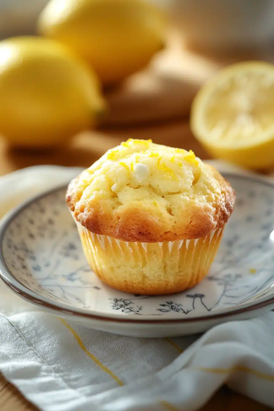 Close-up of a golden brown muffin allo yogurt e limone with a soft texture and lemon zest.