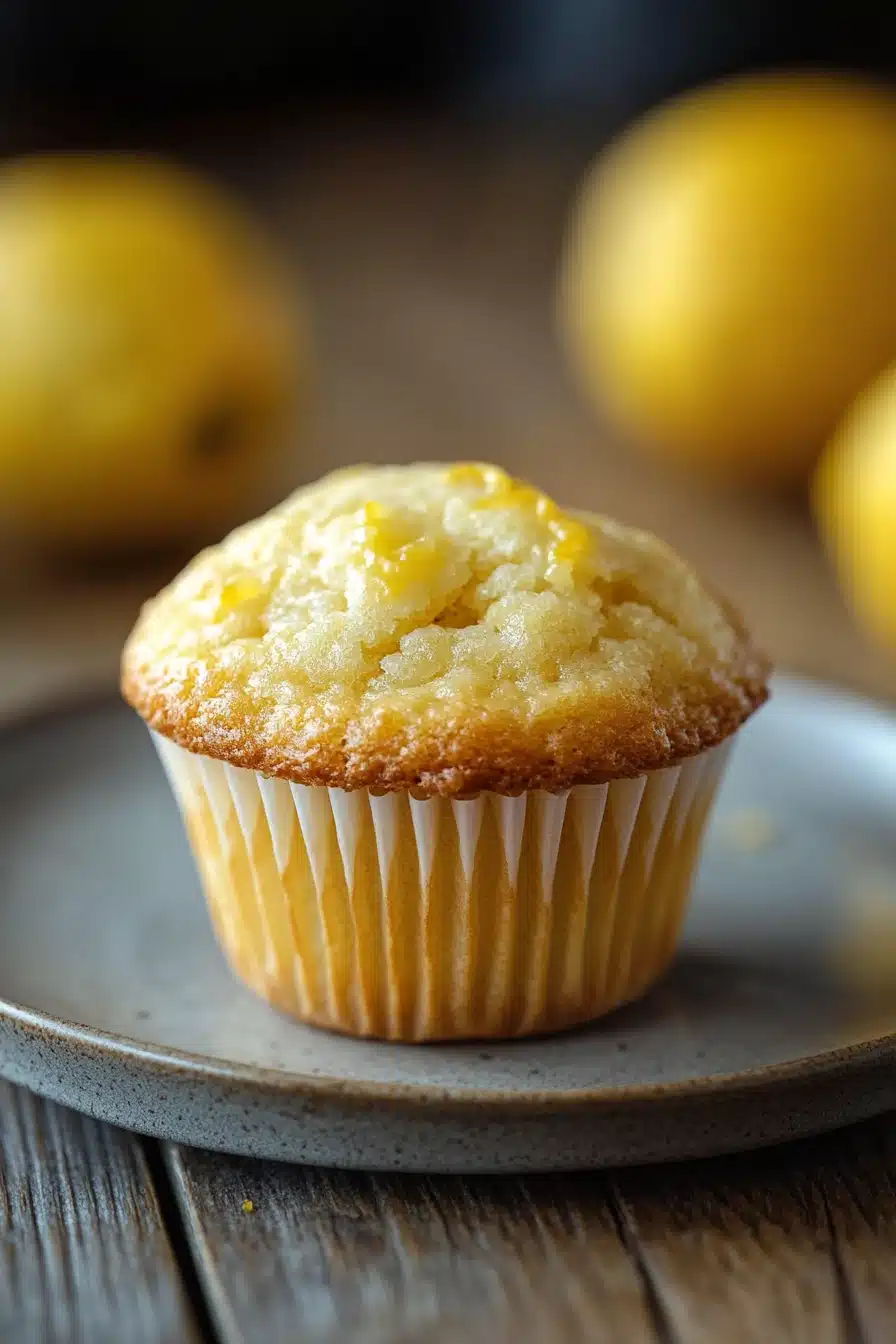 Close-up of a lemon yogurt muffin with a golden crust on a clean white background.