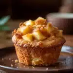 Close-up of a muffin with apple pie filling, showing golden crust and warm tones
