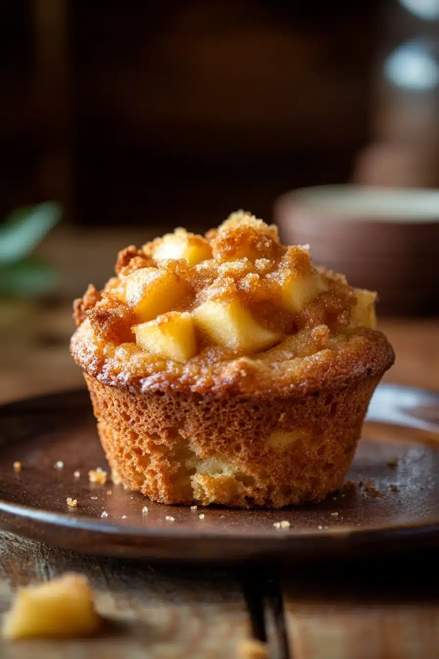 Close-up of a muffin with apple pie filling, showing golden crust and warm tones