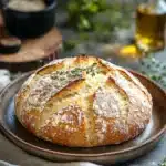 Close-up of no knead bread in an air fryer with a golden crust