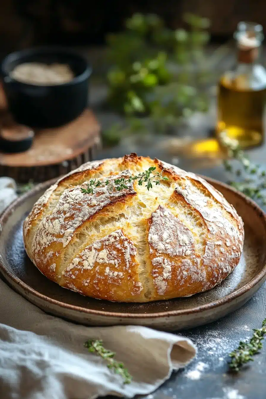 Close-up of no knead bread in an air fryer with a golden crust