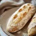 Close-up of a freshly baked no knead bread baguette on a wooden board