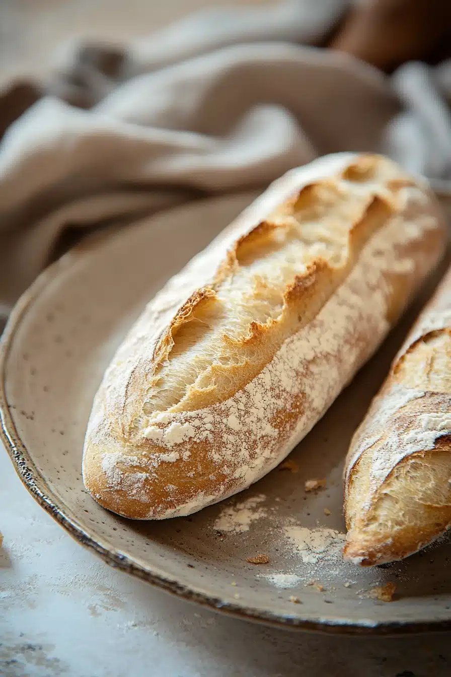 Close-up of a freshly baked no knead bread baguette on a wooden board