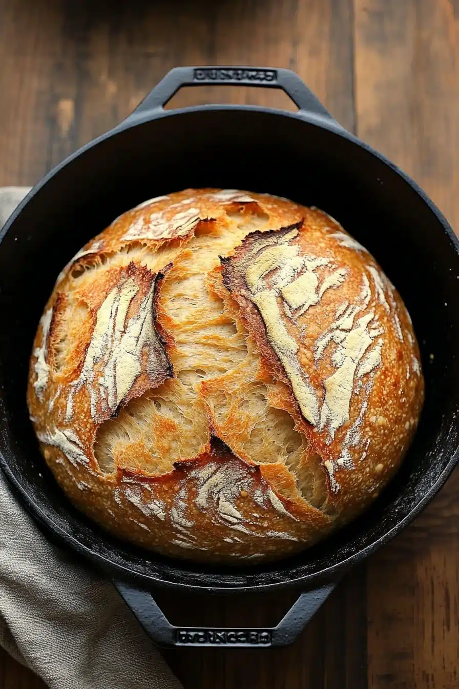 Close-up of a golden-brown no knead bread in a cast iron dutch oven with a crisp crust.