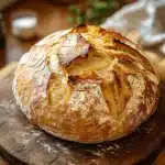 Close-up of no knead bread on a pizza stone with golden crust and clean background