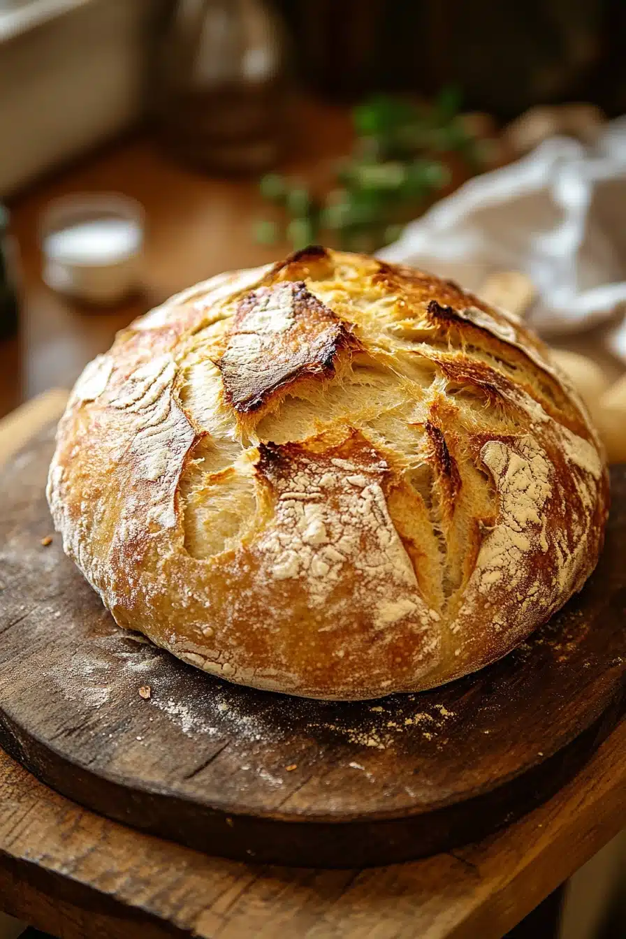 Close-up of no knead bread on a pizza stone with golden crust and clean background